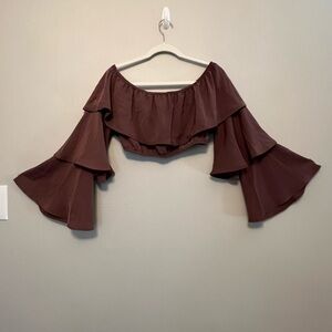 TOBI Cropped Show Off a lack Shoulder Ruffled Romantic Blouse Dark Rose Small
